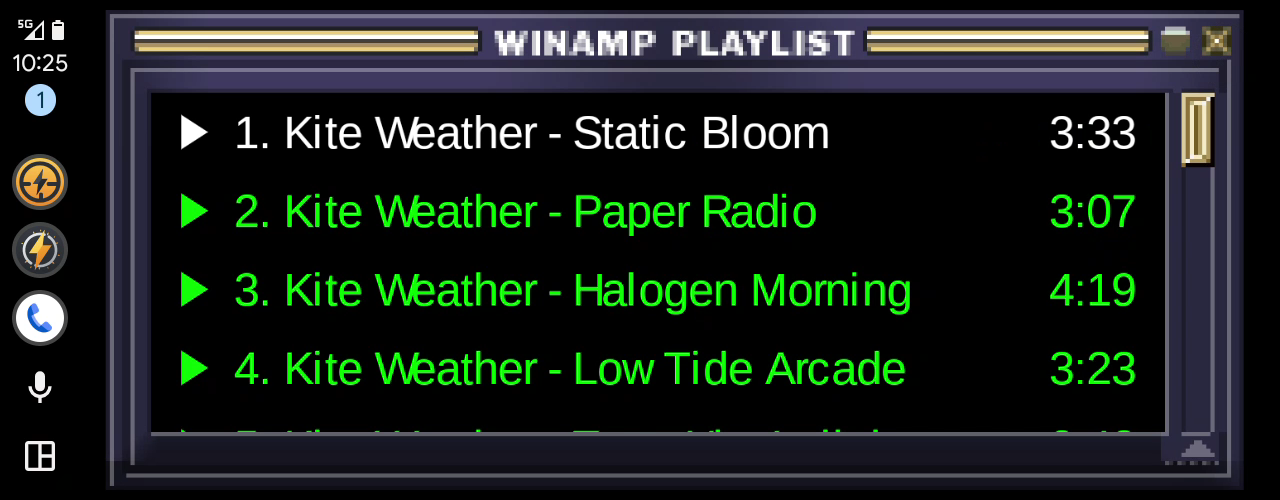 The playlist on an Android Auto screen, with a play button on every row